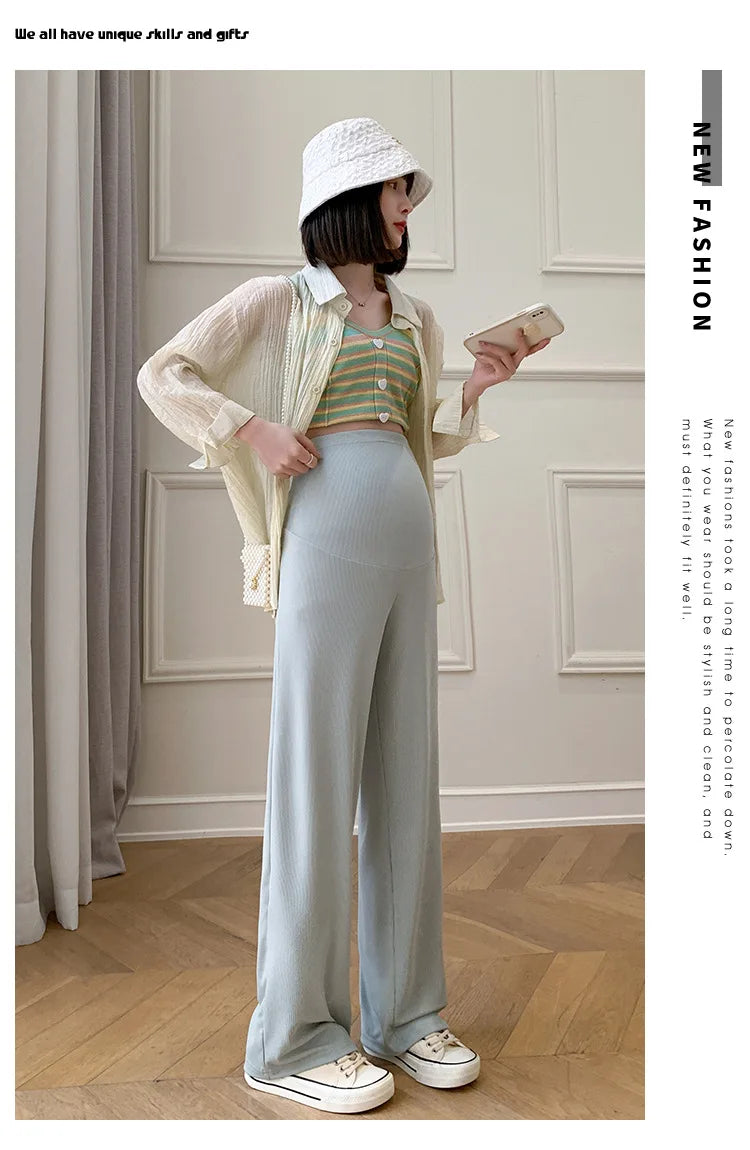 Maternity Clothings Maternity Wide Leg Pregnancy Pants Wear Trousers with Vertical Stripes Clothes for Pregnant Women