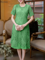 Stylish Women Desses ZANZEA 2025 Summer Lace Patchwork Dress Elegant Party Work Sundress Short Sleeve Pleated Vestidos Midi Robe