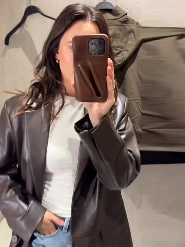 Leather Jacket For Woman Vintage Outwear Turn-Down Collar Coat Loose Autumn Tops Insulated Bomber Jacket Cool Girl Clothes