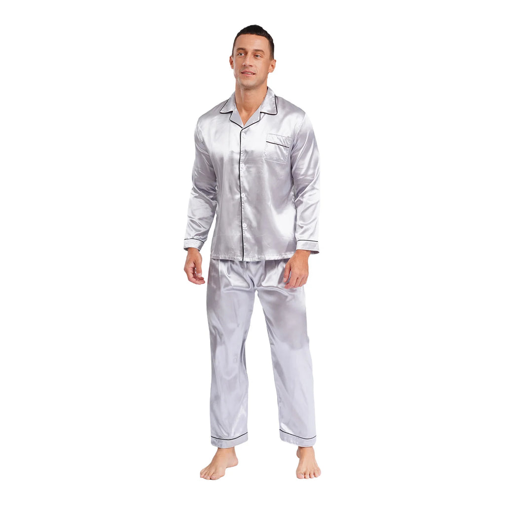 Mens Satin Pajamas Set Two Pieces Sleepwear