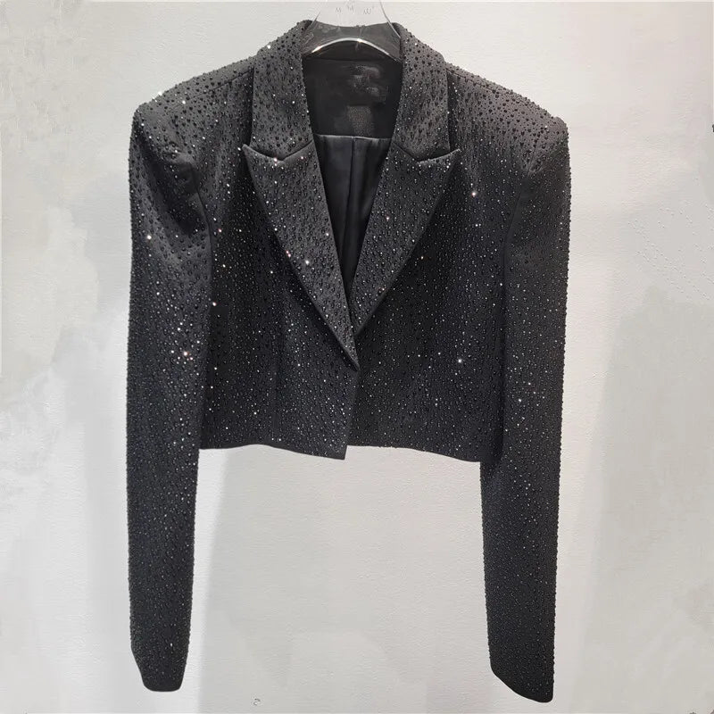 WTHT New Trendy Women's Heavy Industry Diamonds Slim Blazer 2025 Autumn Fashion Lapel Long Sleeves Jacket Female 1LS2291