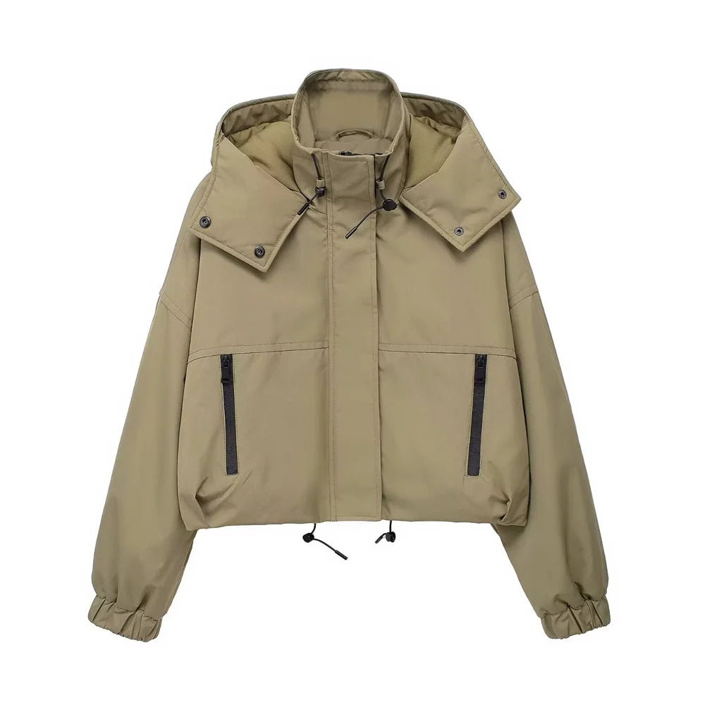 Autumn New Product Women's Stand up Collar Hoodie Long Sleeve Zipper Decoration workwear Style Short Jacket Coat