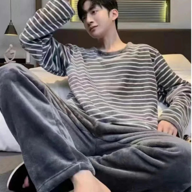 Winter Flannel Pajamas Set Men Korean Teen Students Striped Sleepwear Coral Fleece Pullover Trousers Pjs Set Homewear Loungewear