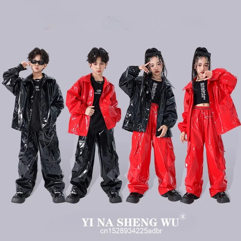 Boys K-pop Fashion Leather Jacket Street Dance Cargo Pants Girl Hip Hop Streetwear Kids Children Jazz Shiny Costume Clothes Sets
