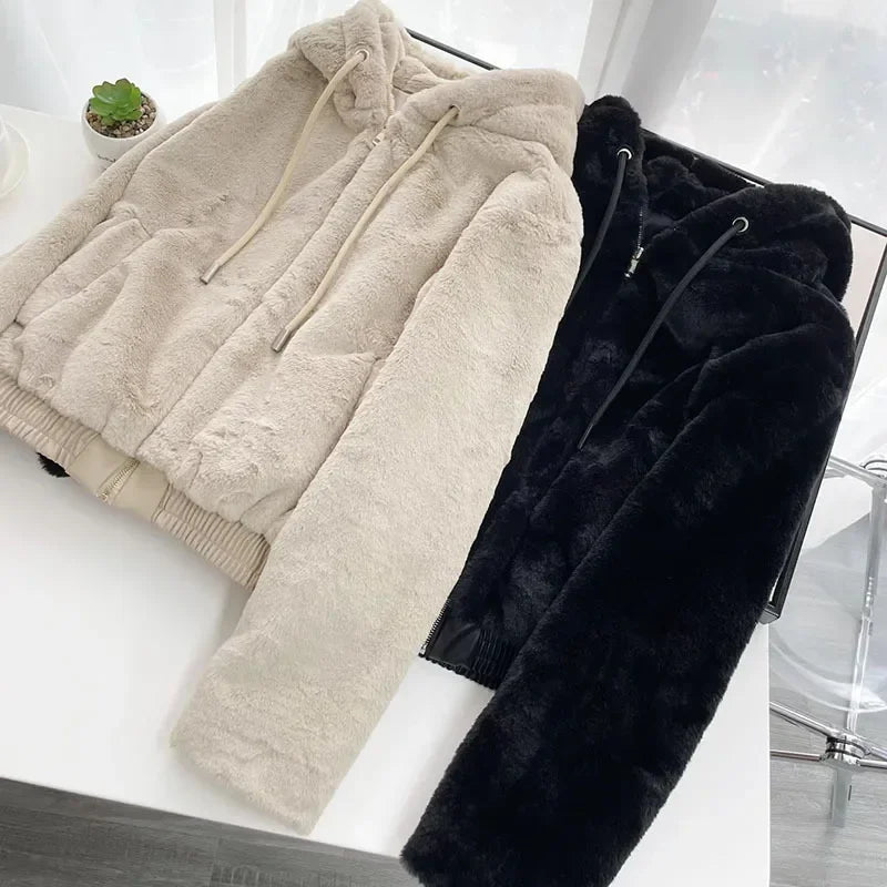 Winter Women's Casual Cotton Jacket With Hooded Artificial Fur Effect Elegant European Style Mid Age Loose Fit Coat