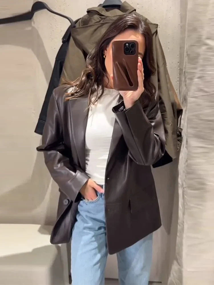 Leather Jacket For Woman Vintage Outwear Turn-Down Collar Coat Loose Autumn Tops Insulated Bomber Jacket Cool Girl Clothes