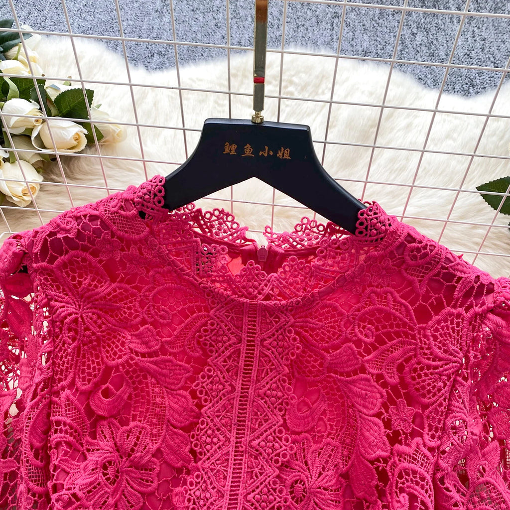 Ele Hollow out Lace ort Sve Dr Women's Summer Slimming A-Line Gown High Waist Korean Sle Commute Suitable
