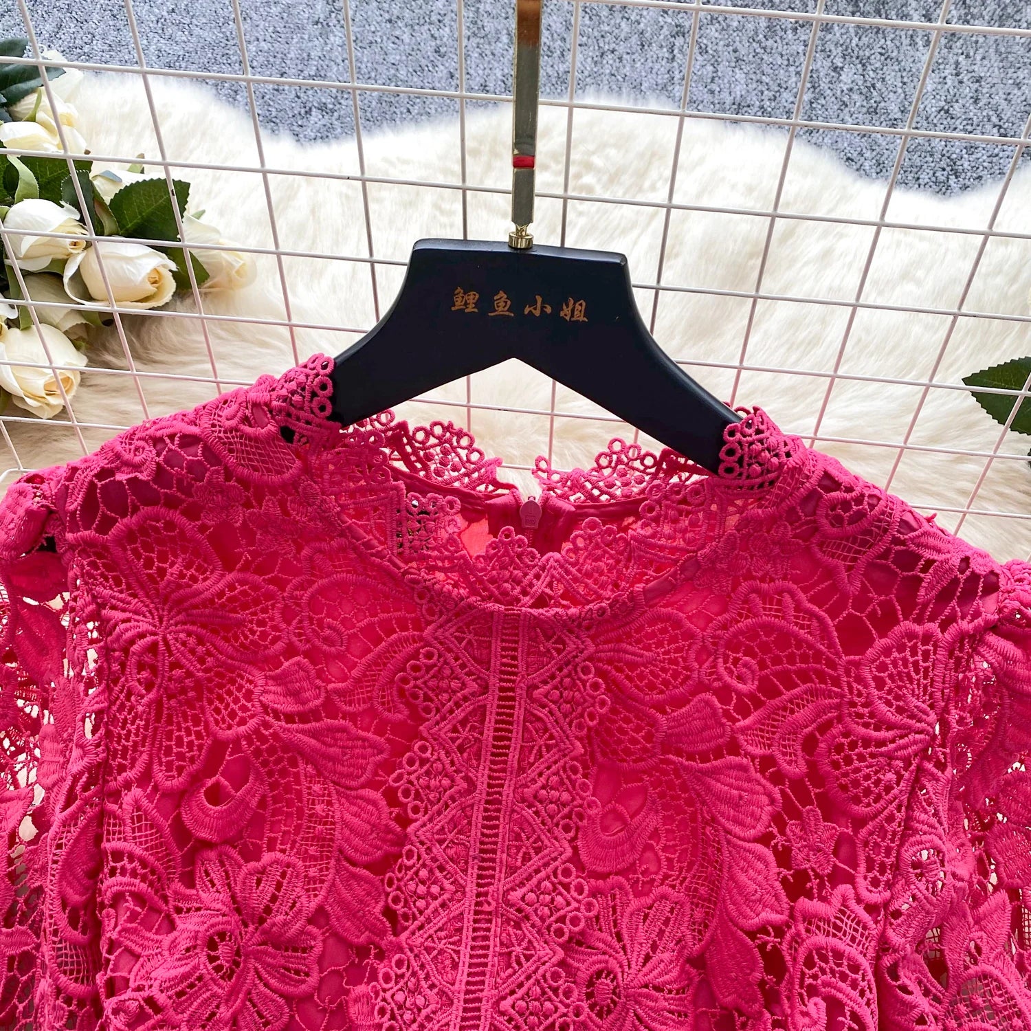 Ele Hollow out Lace ort Sve Dr Women's Summer Slimming A-Line Gown High Waist Korean Sle Commute Suitable