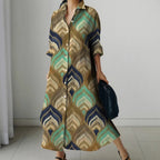 Womens Fashion Retro Splicing Printed Long-sleeved Dresses Fall And Winter Single-breasted Loose Dresses New Lapel Shirt Dresses