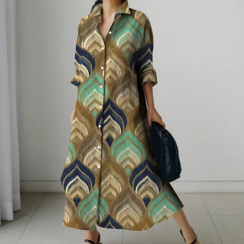Womens Fashion Retro Splicing Printed Long-sleeved Dresses Fall And Winter Single-breasted Loose Dresses New Lapel Shirt Dresses