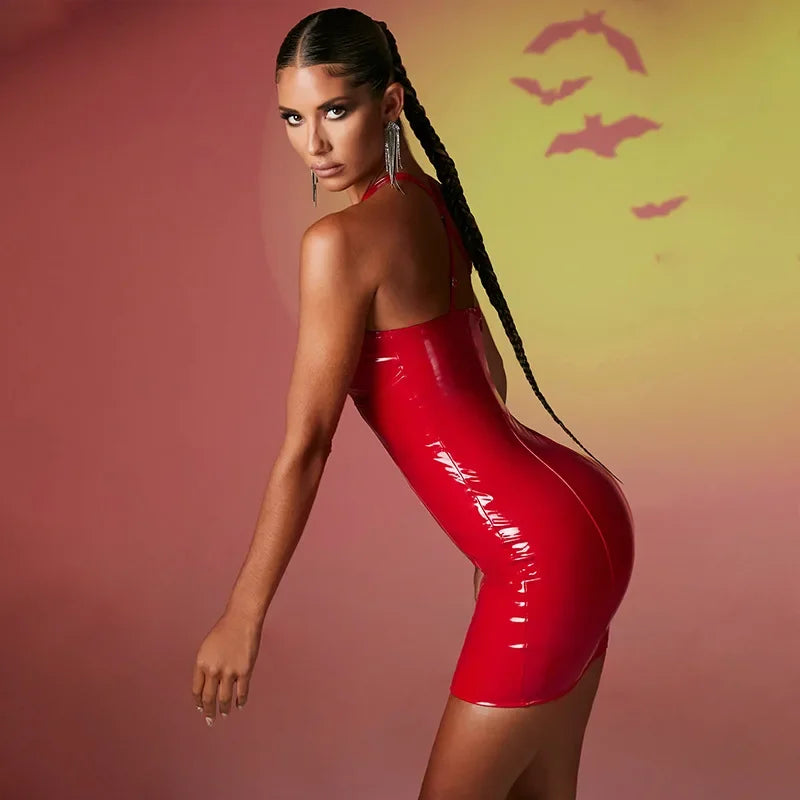 Summer PVC Bodycon Halter Sleeveless Dress Club Latex Leather Midi Dresses Women Bare Chest Hollow Sexy Bag Hip Skirt New Custom