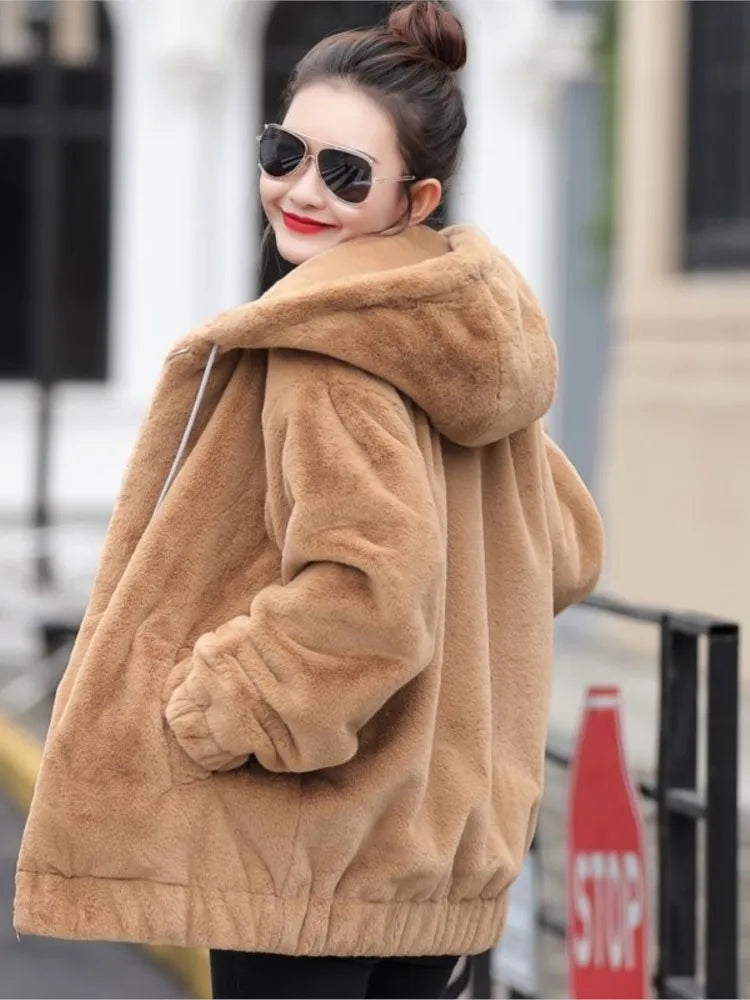 Plush hooded jacket for women mid-length winter new loose plush warm long sleeves plush Short jacket fashion casual coat