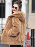 Plush hooded jacket for women mid-length winter new loose plush warm long sleeves plush Short jacket fashion casual coat