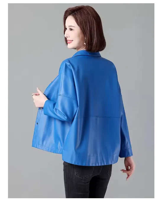 New Women Casual Loose Leather Jacket Spring Autumn Fashion Turn-down Collar Single Breasted Short Leather Motorbike Jacket