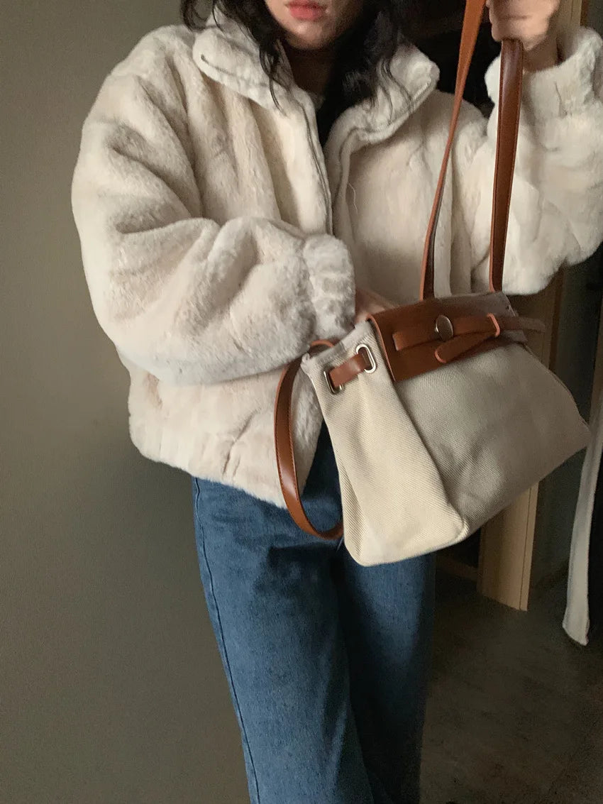 Women Autumn Winter Thicken Warm Coat Stand-Collar Loose Fur Plush Zipper Jacket Soft Comfortable Casual Simple Solid Outerwear