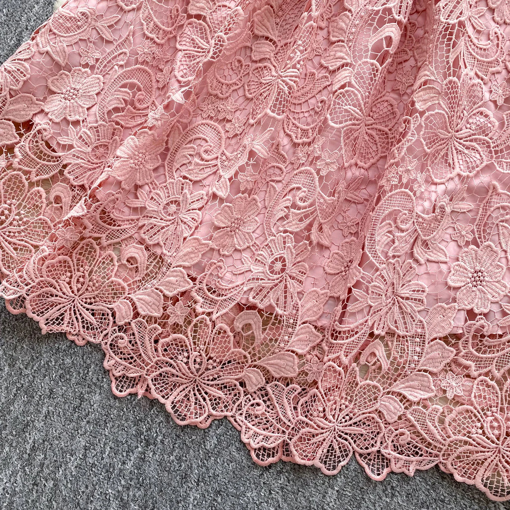 Ele Hollow out Lace ort Sve Dr Women's Summer Slimming A-Line Gown High Waist Korean Sle Commute Suitable