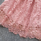 Ele Hollow out Lace ort Sve Dr Women's Summer Slimming A-Line Gown High Waist Korean Sle Commute Suitable