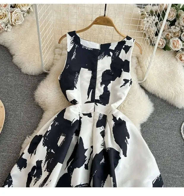 Faionable Ele Vest Long Dr High Waist Slim A-Line Print Maxi Skirt round Ne Svel Women's Summer Dr