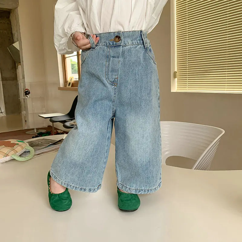 New Kids Jeans 2-6 Years Childrens Loose Wide Leg Pants Girls Simple Solid Color Trousers Fashion Jeans