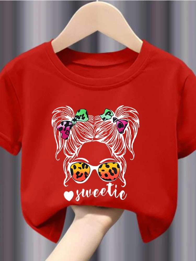 Girls Cartoon The Girl with The Glasses Short Sleeve T-shirt Casual Fashion for Children Kids Clothes Tops