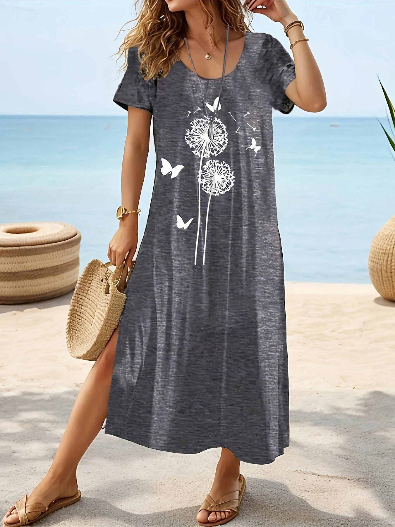 2025 Spring/Summer New Elegant plus size Women's Dress White Dandelion and Butterfly Positioning Printed Bottom Side Fork Spring