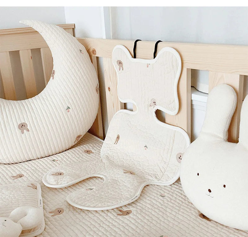 Baby Stroller Seat Cushion Pad Bear Bunny Embroidery All Seasons Cotton Breathable Cart Mattress Infant Newborn Pram Accessories