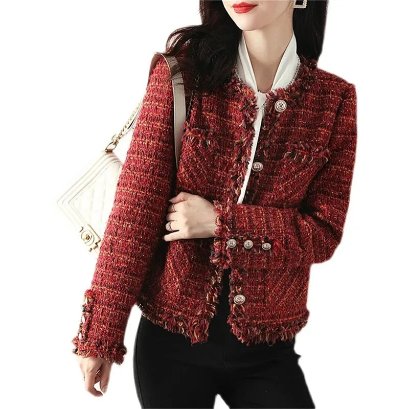 2023 Autumn New French High end Temperament Red Fragrant Coat Women's Short Thick Tweed OutwearFashion Women Slim Thicken Jacket