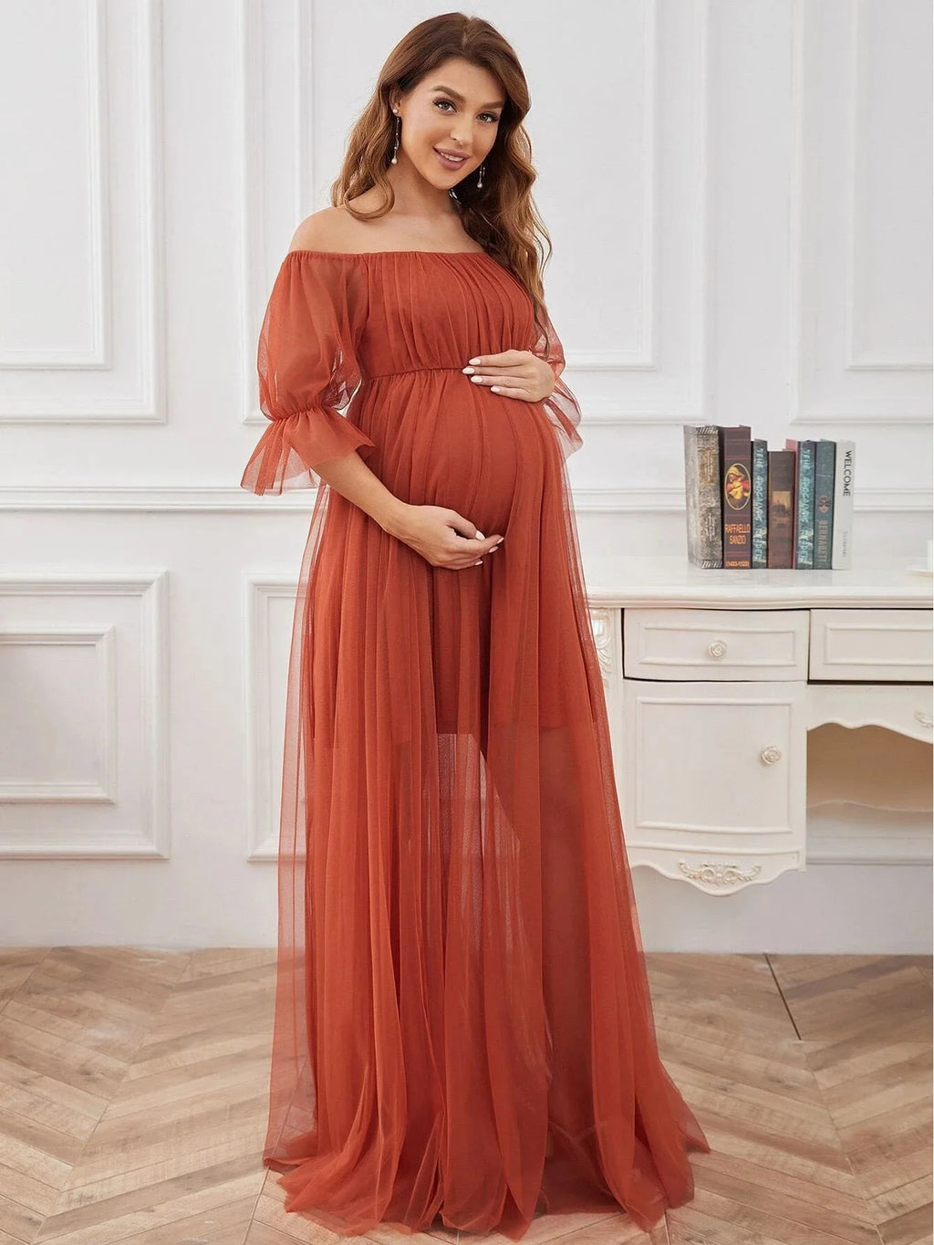 Maternity Dresses Photoshoot Off-Shoulder Tulle Maxi Dress Elegant Pregnancy Gown For Baby Shower Formal Pregnant Women Clothing