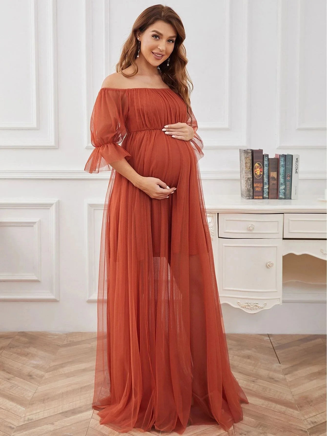 Maternity Dresses Photoshoot Off-Shoulder Tulle Maxi Dress Elegant Pregnancy Gown For Baby Shower Formal Pregnant Women Clothing