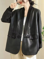 Amax LuluE Chinese 2025 Autumn Ladies Fashion Patchwork Faux Leather Jackets Womens Loose V Neck PU Coat Luxury Vintage Outwear
