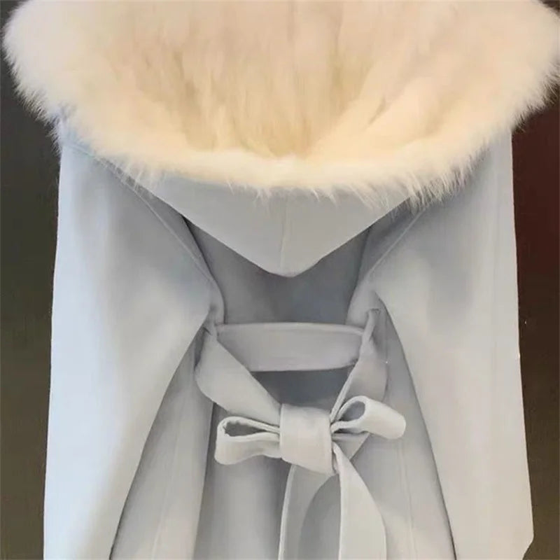 Pink Hooded Coat Women's Autumn Winter Belt Popular Woolen Coat 2024 Fur Coat Fragrant Wind High end Lightweight Short Fur Neck