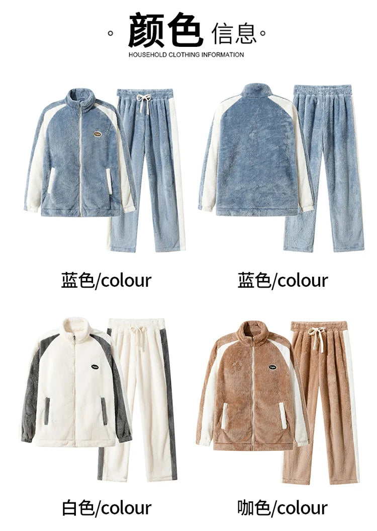Men's Pajamas made of coral fleece, Plus Size 8XL, spliced, square collar, long sleeves, long pants, warm Sleepwear Set