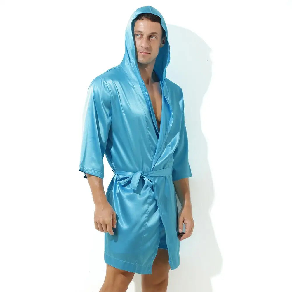 Sexy Sleepwear Men Robes Bathrobes Soft Silky Short Sleeve Nightgown Mens Homewear Dressing Gown Male Pajamas (No shorts)