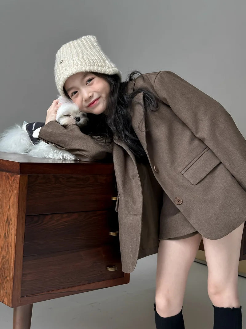 Suit skirt set for autumn 2024 loose suit jacket and skirt shorts for children and girls fashionable suit trendy kids clothes