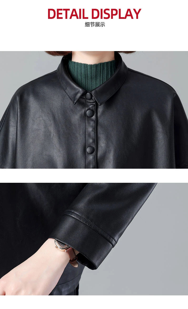 New Women Casual Loose Leather Jacket Spring Autumn Fashion Turn-down Collar Single Breasted Short Leather Motorbike Jacket