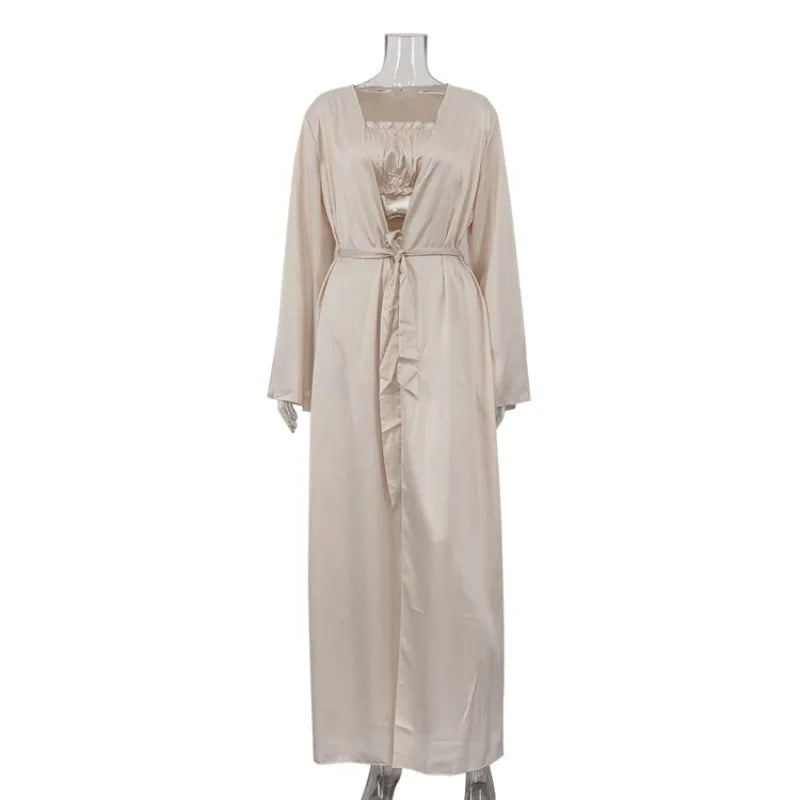Women Pajamas 3 Piece Set Elegant Long Cardigan Robe + Strapless Tube Top + Shorts Set Loungewear Homewear Household Clothes