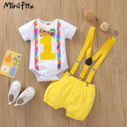 Baby Boys Birthday Outfits Sets Balloon Letter"1" Bodysuit and Y-back Suspender Shorts 1 Year Birthday Baby Cake Smash Clothes