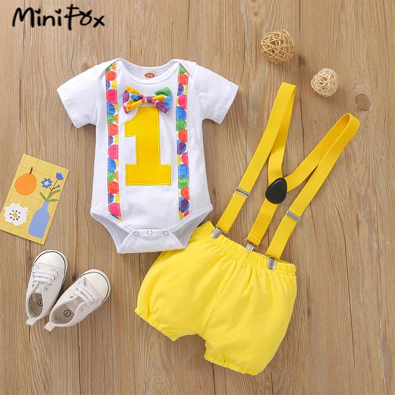Baby Boys Birthday Outfits Sets Balloon Letter"1" Bodysuit and Y-back Suspender Shorts 1 Year Birthday Baby Cake Smash Clothes