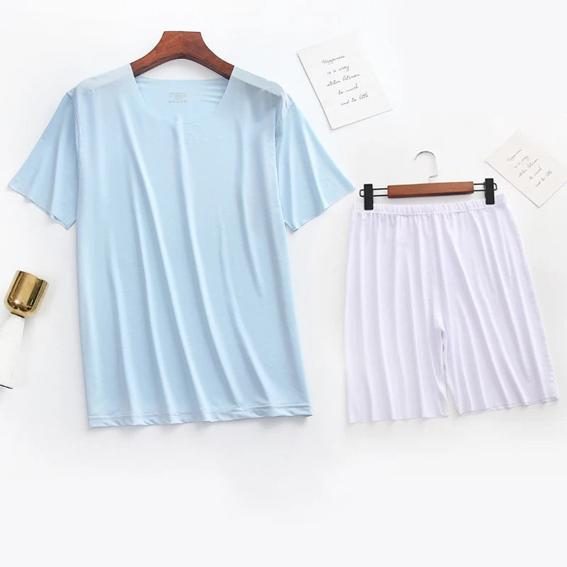 Men Ice Silk Pajamas Solid Shirt & Pants 2Pcs Pijamas Sleep Set Casual Male Home Clothes Summer Pyjamas Sleepwear Nightwear Suit