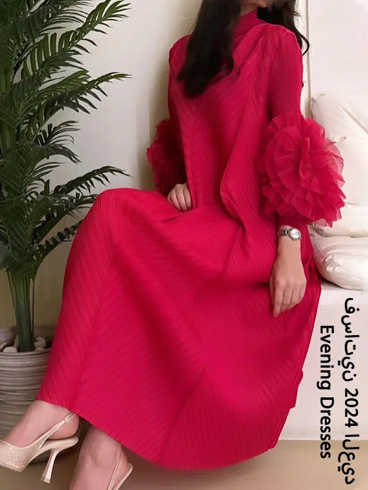 YUDX Hot Sales 2024 Summer New Pleated Formal Dresses for Women Mesh Petal Sleeve Solid Evening Party Long Maxi Dresses