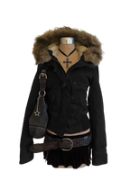 American hot girl big fur collar slim short jacket for women buckskin velvet waist slimming hooded cardigan sweatshirt