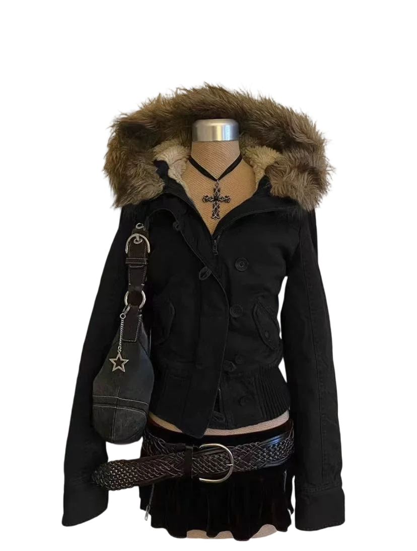 American hot girl big fur collar slim short jacket for women buckskin velvet waist slimming hooded cardigan sweatshirt