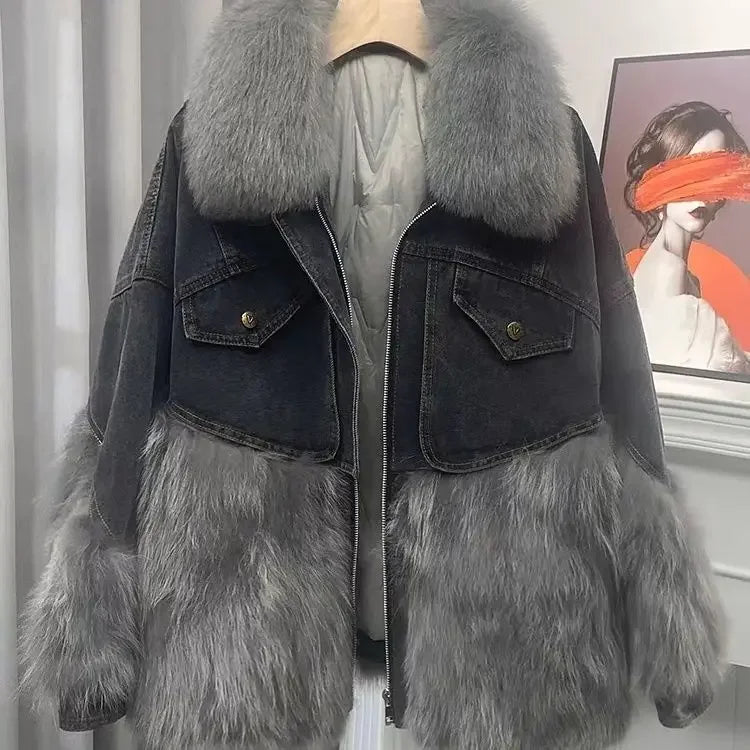 Fashionable European Style Thick Fur Collar Winter New Women's Denim Jacket with Patchwork Fur Parkas