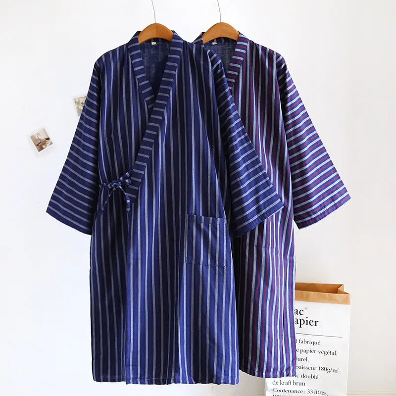 Blue Red Striped Printed Robe for Men 100% Cotton Kimono Men Bathrobe for Spring Autumn 100% Cotton Long Style Men Kimono Robe
