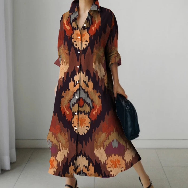 Womens Fashion Retro Splicing Printed Long-sleeved Dresses Fall And Winter Single-breasted Loose Dresses New Lapel Shirt Dresses
