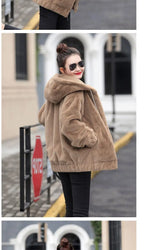 Plush hooded jacket for women mid-length winter new loose plush warm long sleeves plush Short jacket fashion casual coat
