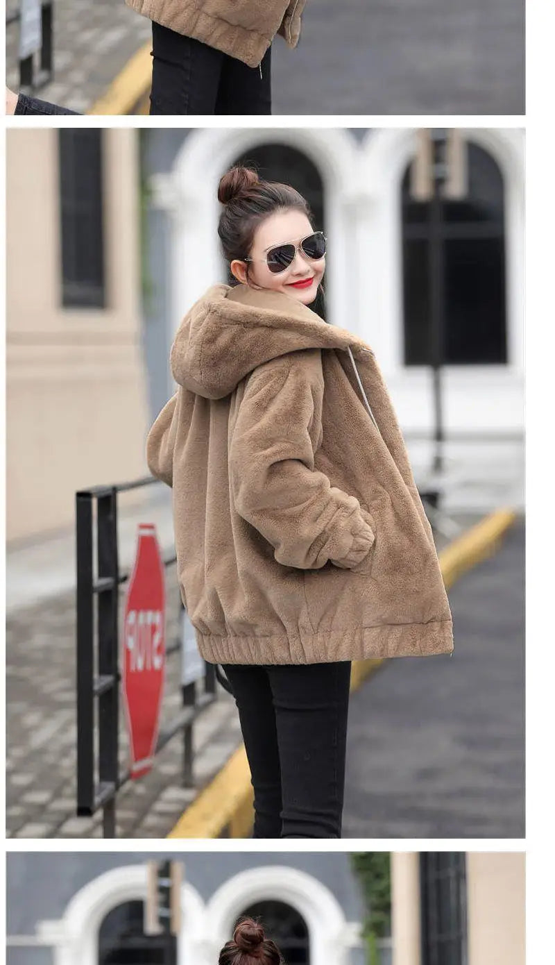 Plush hooded jacket for women mid-length winter new loose plush warm long sleeves plush Short jacket fashion casual coat