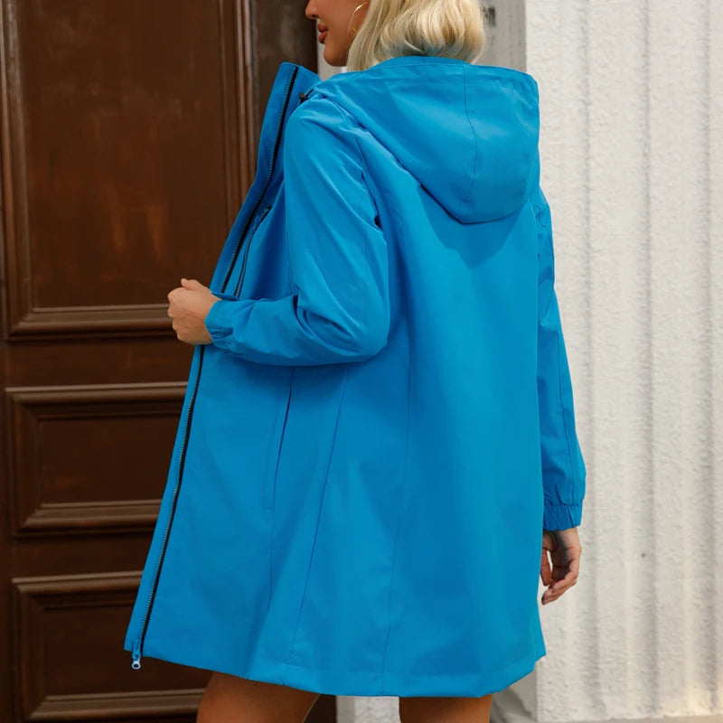 Women's Water-Repellent Hooded Windbreaker Casual Loose Solid Long Sleeve Outdoor Sports Trench Coat Spring Autumn Jacket