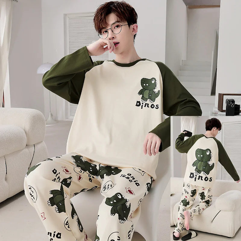 Men's Pajamas Spring Autumn 100% Cotton Youth Pajamas Student Suits Fashionable Sweet Cartoon Home Clothes For Men