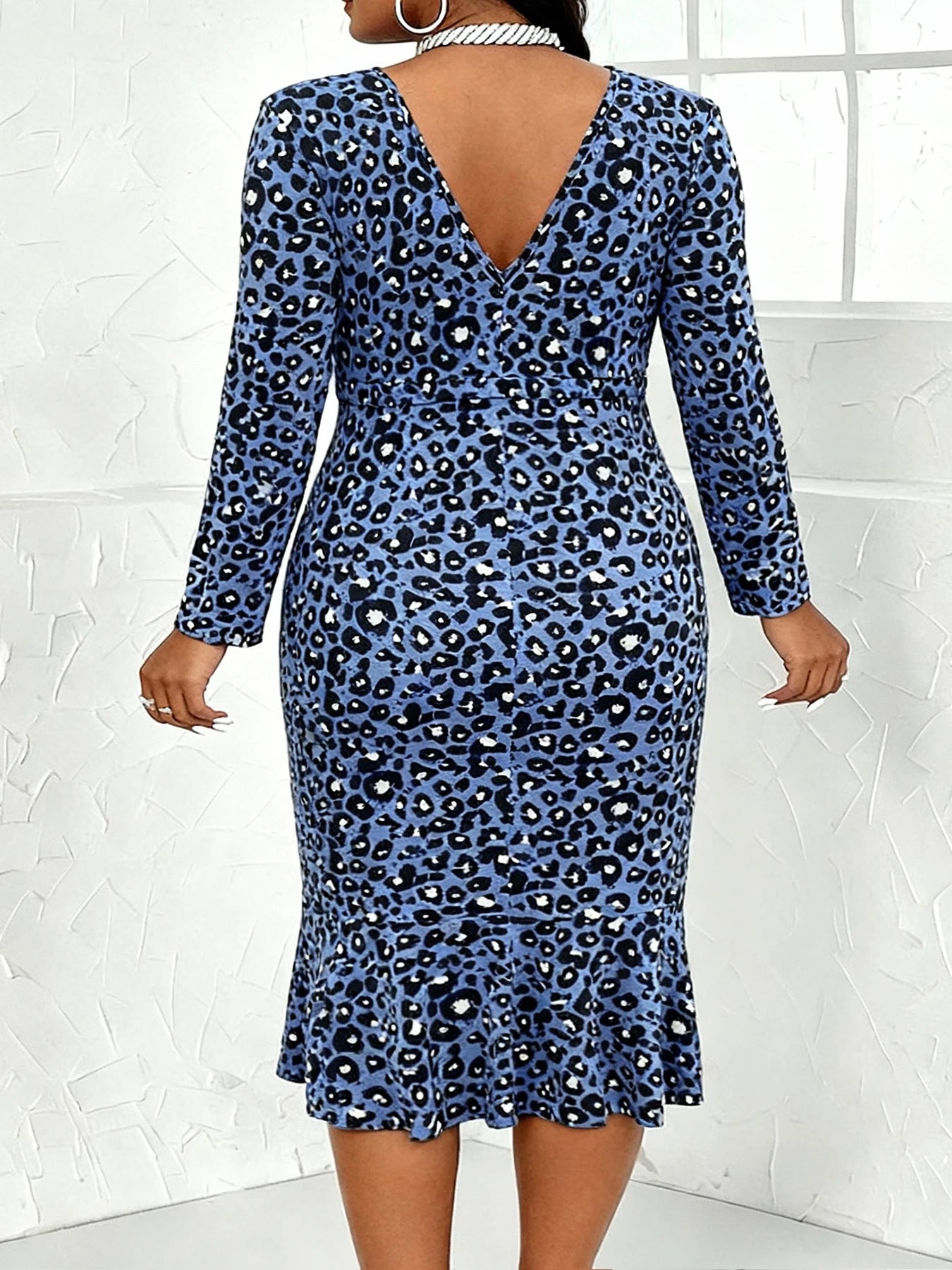 Plus Size Blue Leopard Print Bodycon Midi Dress V Neck Long Sleeve Lace up Ruffle Hem Women's Party Evening Wear